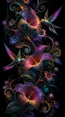 a climbing vine of flowers and hummingbirds on a dark background, tall wrapping composition, no text