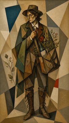 full-body original character: a wandering botanist with a satchel of plants, a patched green cloak, tall boots and round glasses, neutral background