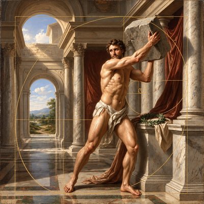 a painting of a man holding a stone