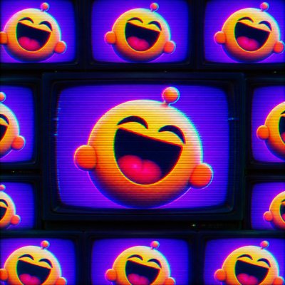 an exaggerated laughing face of an original round mascot character, bold and readable at small size, plain background, no text