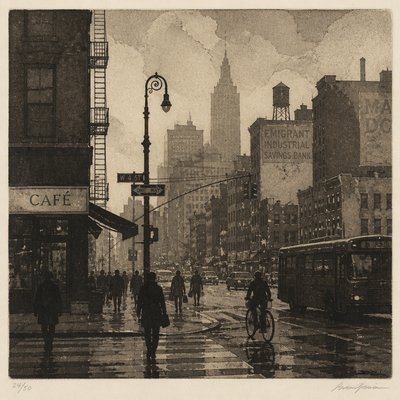 urban street with city activity — Aquatint Print Style