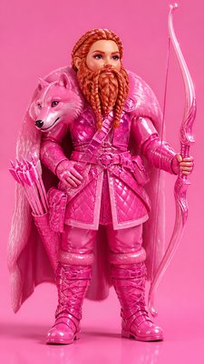full-body original character: a dwarven ranger with a braided auburn beard, worn leather armor, a longbow and a wolf-pelt cloak, neutral background, no text