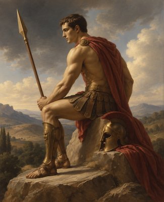 a painting of a man sitting on a rock with a sword