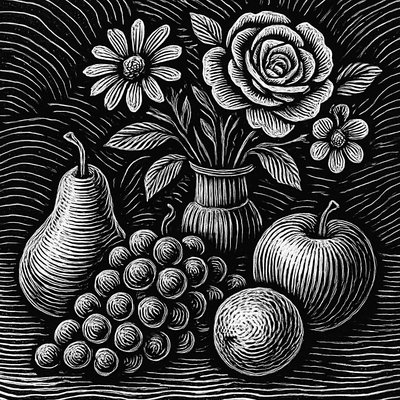 still life arrangement of fruits and flowers