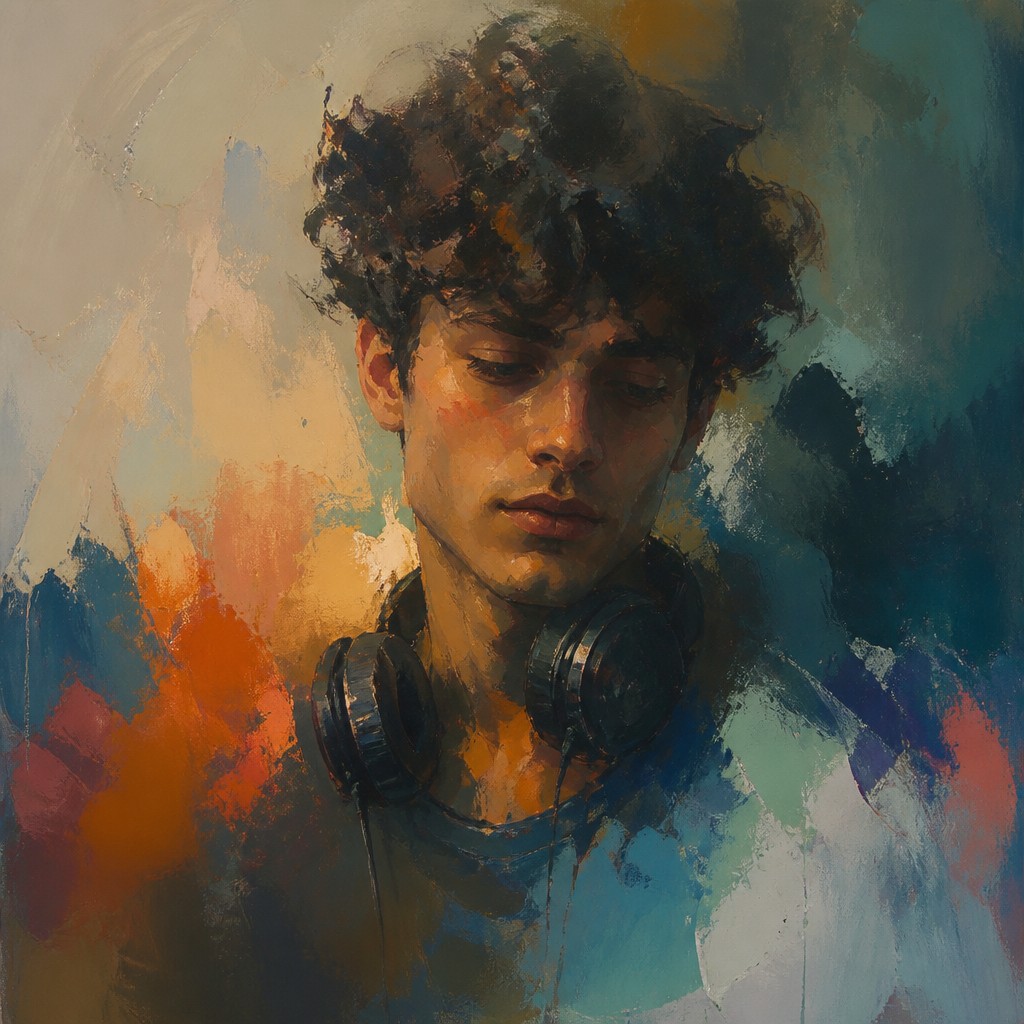 head-and-shoulders portrait of an original character: a young man with curly dark hair and headphones around his neck, plain backdrop, no text