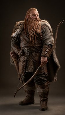 full-body original character: a dwarven ranger with a braided auburn beard, worn leather armor, a longbow and a wolf-pelt cloak, neutral background, no text