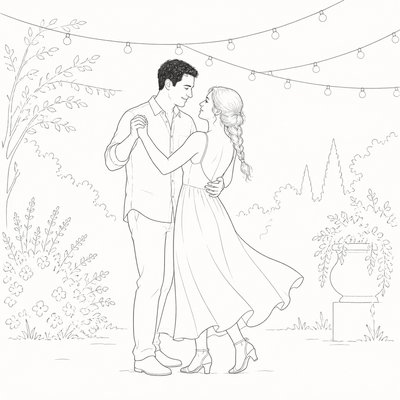an original couple dancing under string lights in a garden at dusk: a man with short black hair in a linen shirt and a woman with braided red hair in a summer dress