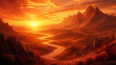 a vast valley with a river winding toward distant mountains at sunrise, no people, no text