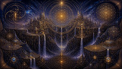 a cliffside city with waterfalls cascading into a misty canyon, wide establishing shot, no people, no text