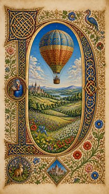 a hot air balloon drifting over rolling flower fields on a sunny day, cheerful, no text