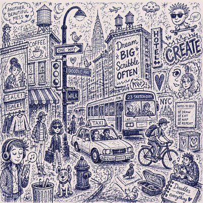 urban street with city activity — Doodle Art Style