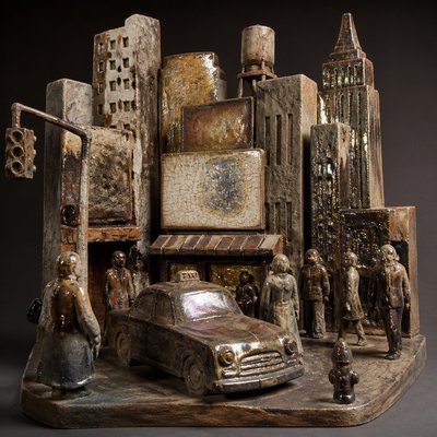 urban street with city activity — Contemporary Sculptural Ceramic Art Style