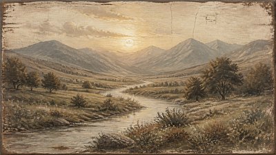 a vast valley with a river winding toward distant mountains at sunrise, no people, no text
