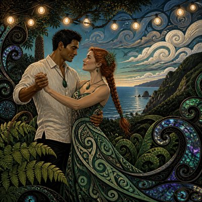 an original couple dancing under string lights in a garden at dusk: a man with short black hair in a linen shirt and a woman with braided red hair in a summer dress