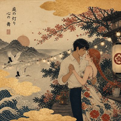 an original couple dancing under string lights in a garden at dusk: a man with short black hair in a linen shirt and a woman with braided red hair in a summer dress