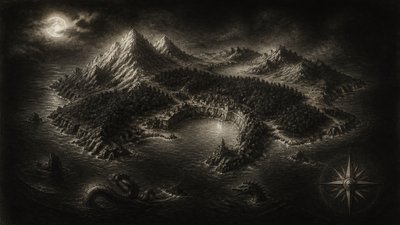 a map of an island realm with mountains, forests, a sheltered bay, sea monsters in the water and a compass rose, no text labels