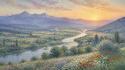 a vast valley with a river winding toward distant mountains at sunrise, no people, no text