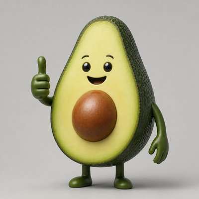 a happy avocado character giving a thumbs up, bold readable design on a plain background, no text