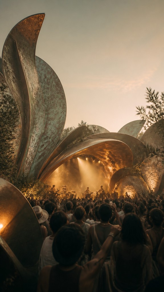a live music scene with a glowing stage and silhouetted crowd, energetic vertical composition with open space at the top, no text