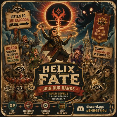 Act as a AAA stylized game artist (Blizzard / Riot style). Create a cinematic cartoon-style recruitment poster for “HELIX OF FATE” with a mix of epic fantasy and humor. 🎨 expressive characters. 🌌 SCENE A medieval fantasy city mixed with a cosmic sky. A giant eclipse in the background. At the center of the eclipse: a glowing red demonic/cosmic symbol. A golden helix spiral of energy connects the eclipse to the ground. 🎭 MAIN ACTION A charismatic leader character is dramatically controlling the helix like pulling strings of destiny… …but slightly exaggerated in a fun way (overconfident pose, dramatic energy). Behind him: a diverse group of heroes (warrior, mage, hunter, cleric), reacting: impressed hyped 🦝 RACCOON HUMOR (MAIN DIFFERENTIAL) Raccoons are part of the scene in a FUN way: one hoarding stamina potions in a pile one holding shiny loot proudly one acting like a “cult priest” one holding a small sign one whispering to a character Expressions should be funny but well integrated (not chaotic). 😂 COMMUNITY MEMES (VISUAL, NOT BLOCK TEXT) Integrate naturally in the environment: “Listen to the raccoon inside” “Hoard stamina potions like a raccoon” “Join the Jin religion” “Sunday compensation is coming” 👉 Place as: wooden signs banners graffiti small props 👁 DARK ENTITY (CARTOON STYLE) A shadowy cosmic creature behind the title: simplified but expressive glowing eyes slightly funny but still mysterious 🧾 TEXT (SHORT & CLEAN) HELIX OF FATE JOIN OUR RANKS Guild Level 5 3 Runs per Day Open 24/7 EXP Boost Legendary Upgrade Success Chance Loot Drop Rate discord.gg/p9HH457j4d ⚠️ RULES Keep composition clean and readable Balance epic + humor (not full meme chaos) Characters expressive and stylized Helix should still feel magical and important Poster must feel like a polished game promo