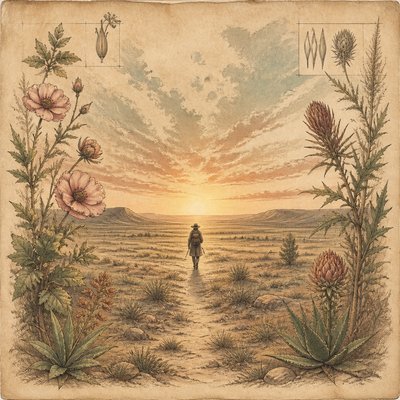 a solitary figure walking toward a glowing horizon across an empty plain, moody atmosphere, no text or lettering