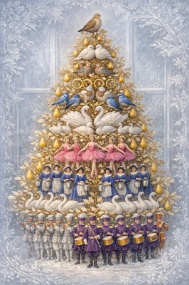 Create an elegant Christmas tree from a gold leaf pear tree with a partridge on the top, yellow pears, 2 turtledoves, 3 french hens 4 calling birds which are bluebirds, 5 golden rings, 6 geese, 7 swans, 8 bright pink ballerinas, 8 maids with royal blue dresses and milk pails, 9 Lords in purple, 10 Pipers in silver,  12 drummers in tangerine orange. No green or red colors