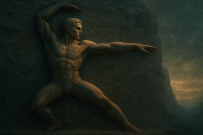 a painting of a man standing in front of a rock