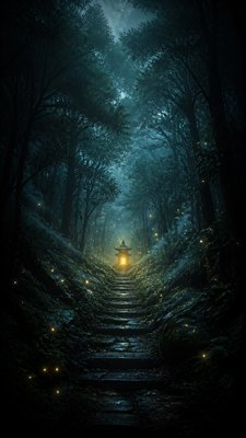 a mysterious forest path with fireflies and drifting mist, atmospheric vertical composition with open space at the top, no text