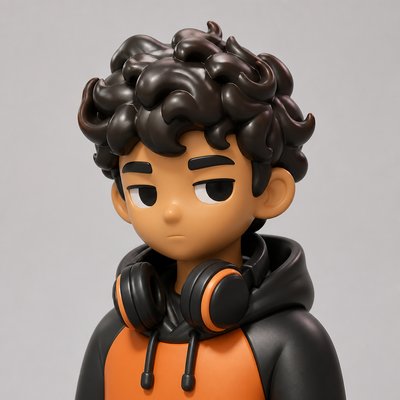 head-and-shoulders portrait of an original character: a young man with curly dark hair and headphones around his neck, plain backdrop, no text