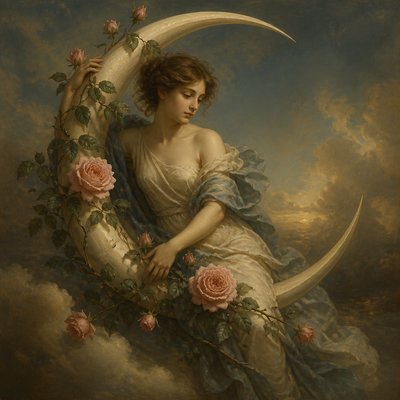 a rose entwined with a crescent moon, clean balanced composition on a plain background, no text