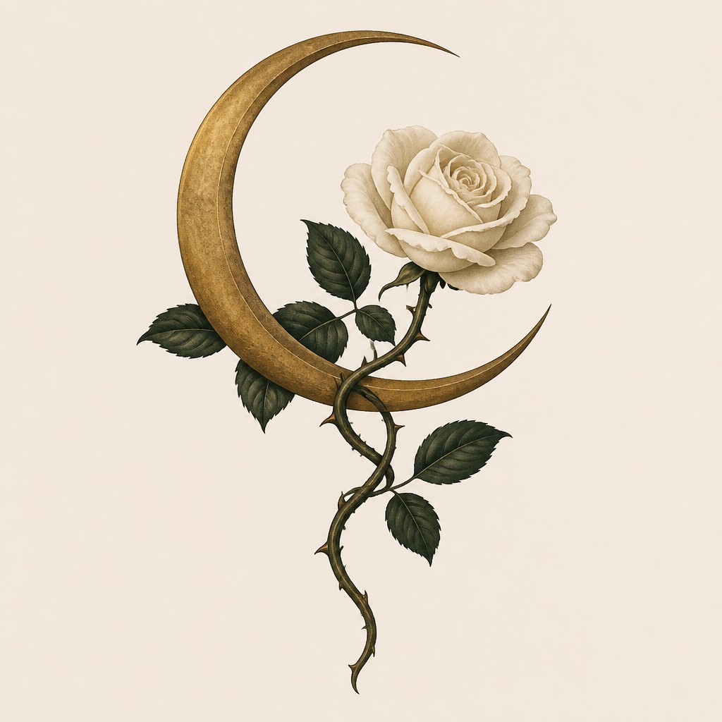 a rose entwined with a crescent moon, clean balanced composition on a plain background, no text