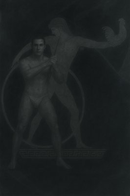 a black and white drawing of a man and a woman