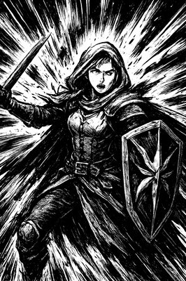 a painting of a woman with a sword and armor