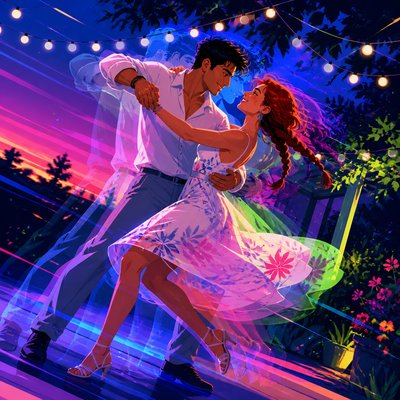 an original couple dancing under string lights in a garden at dusk: a man with short black hair in a linen shirt and a woman with braided red hair in a summer dress