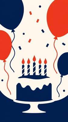 a birthday cake with lit candles surrounded by balloons and confetti, festive vertical composition, no text