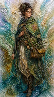 full-body original character: a wandering botanist with a satchel of plants, a patched green cloak, tall boots and round glasses, neutral background