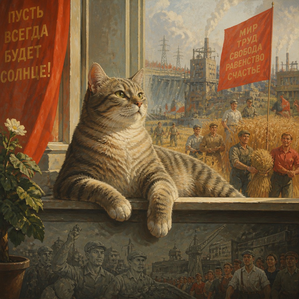 a cat lounging in a sunlit window — Socialist Realism Art Style
