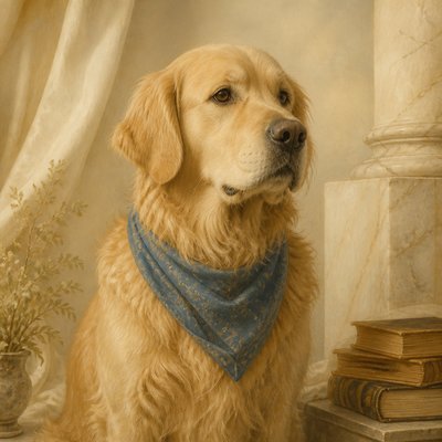 portrait of a golden retriever wearing a blue bandana, warm plain backdrop, no text