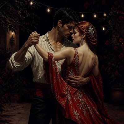 an original couple dancing under string lights in a garden at dusk: a man with short black hair in a linen shirt and a woman with braided red hair in a summer dress