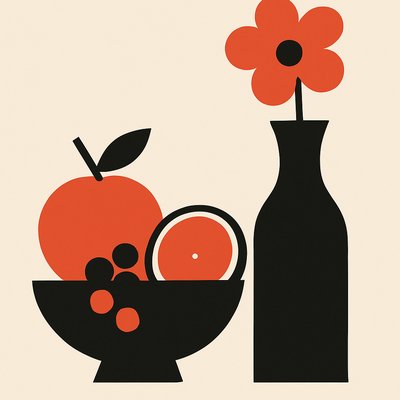 still life arrangement of fruits and flowers