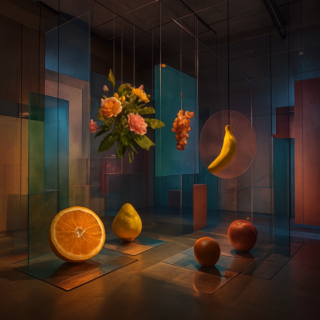 still life arrangement of fruits and flowers