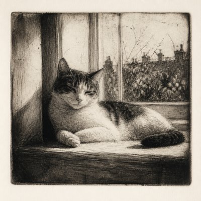 a cat lounging in a sunlit window