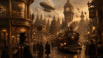 bustling city street panorama at dusk