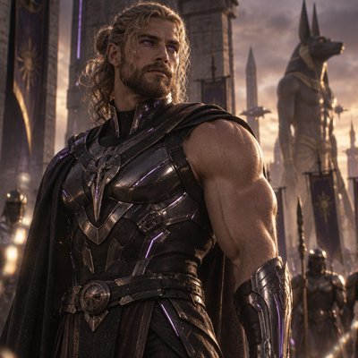 Je veux que tu me fasses un guerrier, tres modern avec une armure moderne genre full noir argente violet sans manche in voit ses muscle et il a une barbe et des cheveux long bouclés attacheé en arriere il est hot et un peu poilu pour le realisme il est blond et a des yeux violet , on dirait presque un dieu de l’egypte 