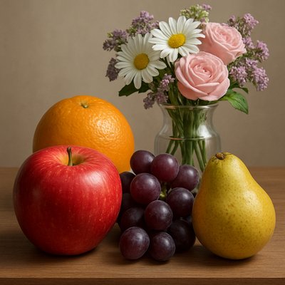 still life arrangement of fruits and flowers