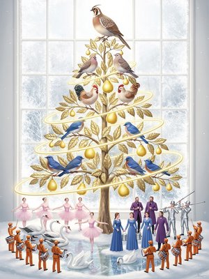 Create an elegant Christmas tree from a gold leaf pear tree with a partridge on the top, yellow pears, 2 turtledoves, 3 french hens 4 calling birds which are bluebirds, 5 golden rings, 6 geese, 7 swans, 8 bright pink ballerinas, 8 maids with royal blue dresses and milk pails, 9 Lords in purple, 10 Pipers in silver,  12 drummers in tangerine orange. No green or red colors