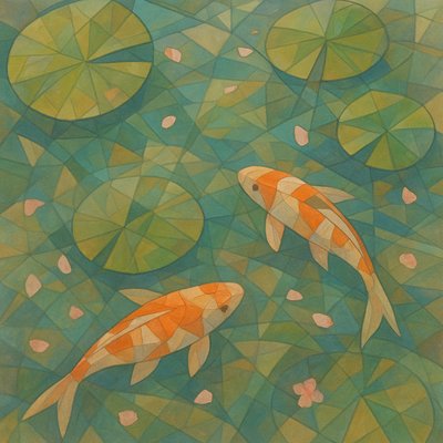 A koi pond seen from above, orange and white koi fish swimming among lily pads, clear water with subtle ripples, fallen cherry blossom petals floating on the surface, dappled sunlight