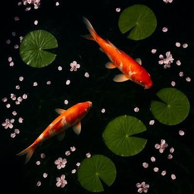 A koi pond seen from above, orange and white koi fish swimming among lily pads, clear water with subtle ripples, fallen cherry blossom petals floating on the surface, dappled sunlight
