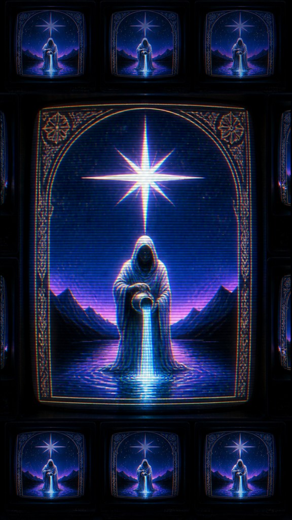 a robed figure pouring water beneath a large eight-pointed star in a night sky, symmetrical composition with an ornate decorative border, no text