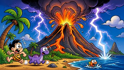 an erupting volcano with lightning strikes, dramatic wide composition, no text